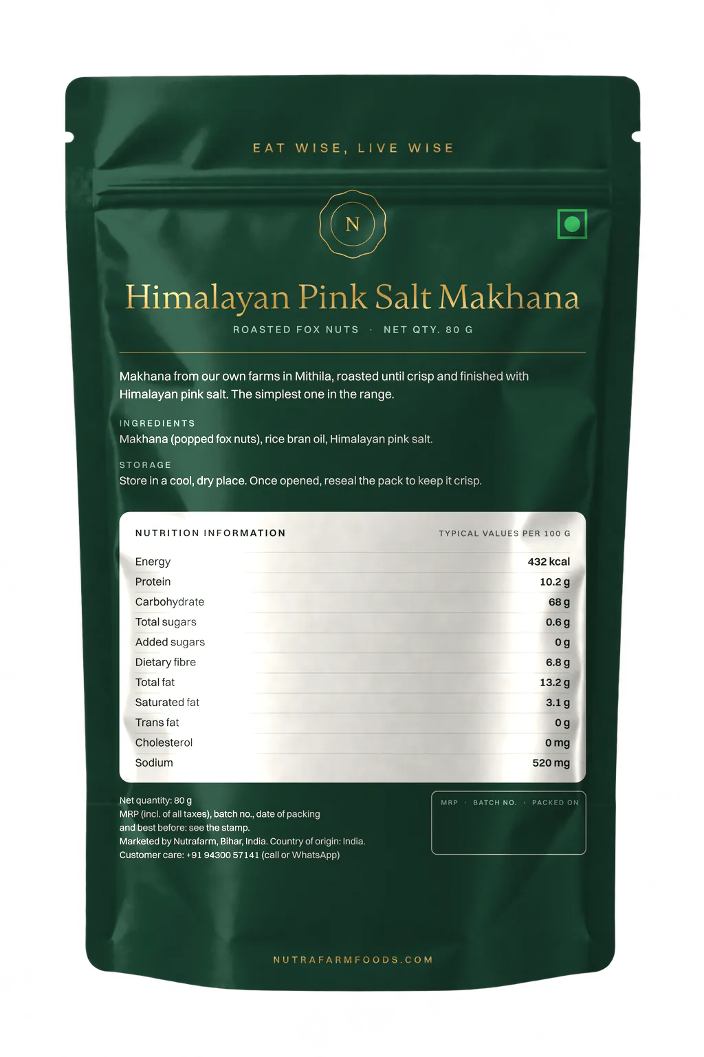 Nutrafarm Himalayan Pink Salt Makhana 80 g pouch, back