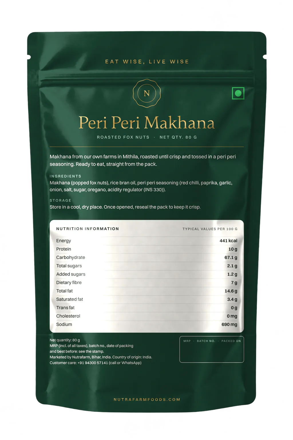 Nutrafarm Peri Peri Makhana 80 g pouch, back