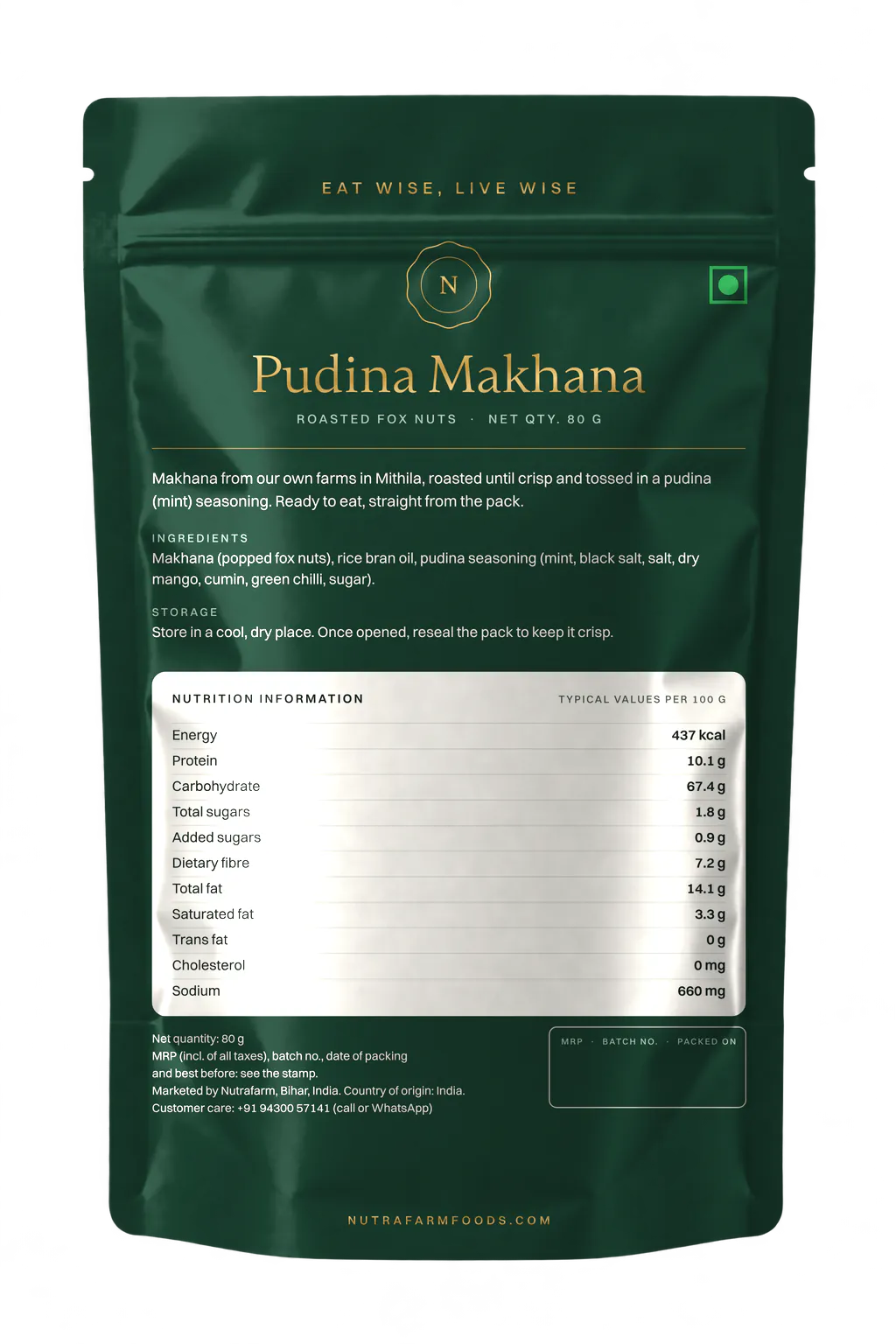 Nutrafarm Pudina Makhana 80 g pouch, back