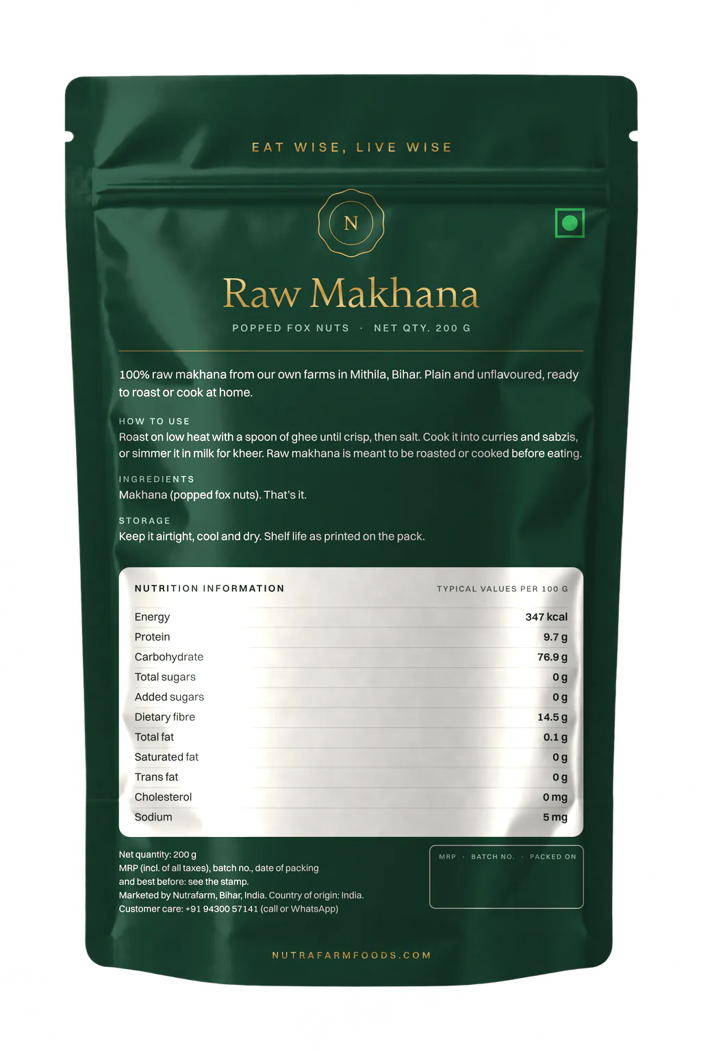 Nutrafarm Raw Makhana 200 g pouch, back