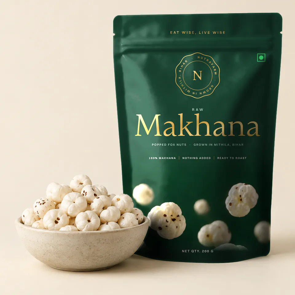 Nutrafarm Raw Makhana 200 g pouch with a stone bowl of raw makhana