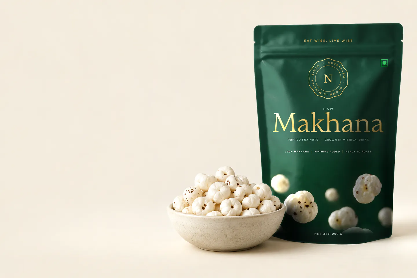 Nutrafarm Raw Makhana 200 g pouch beside a bowl of raw makhana