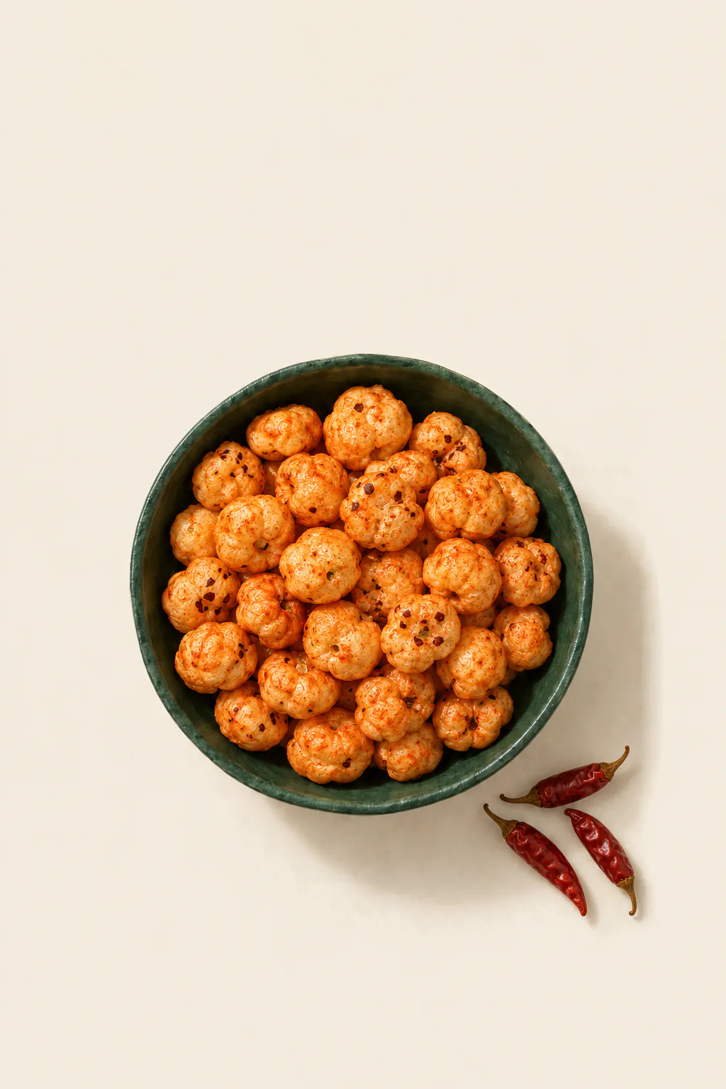 Roasted makhana in a peri peri seasoning, in a green bowl