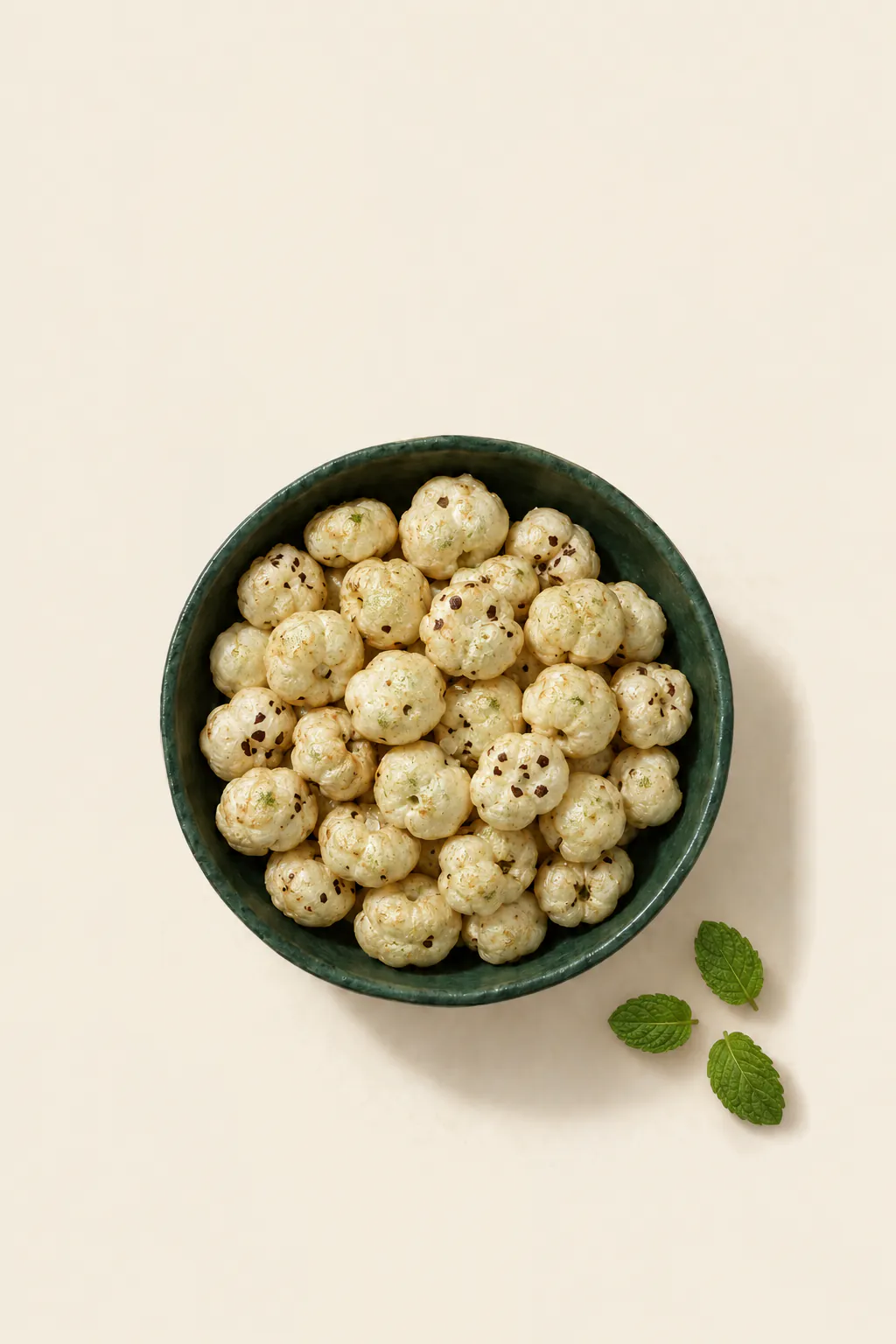 Roasted makhana in a mint seasoning, in a green bowl